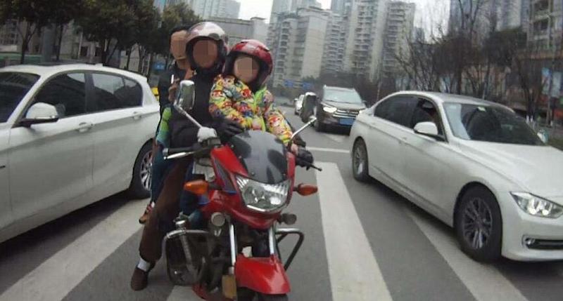 錯(cuò)過校車 兩熊爸爸帶著兩個(gè)萌娃擠一輛摩托車